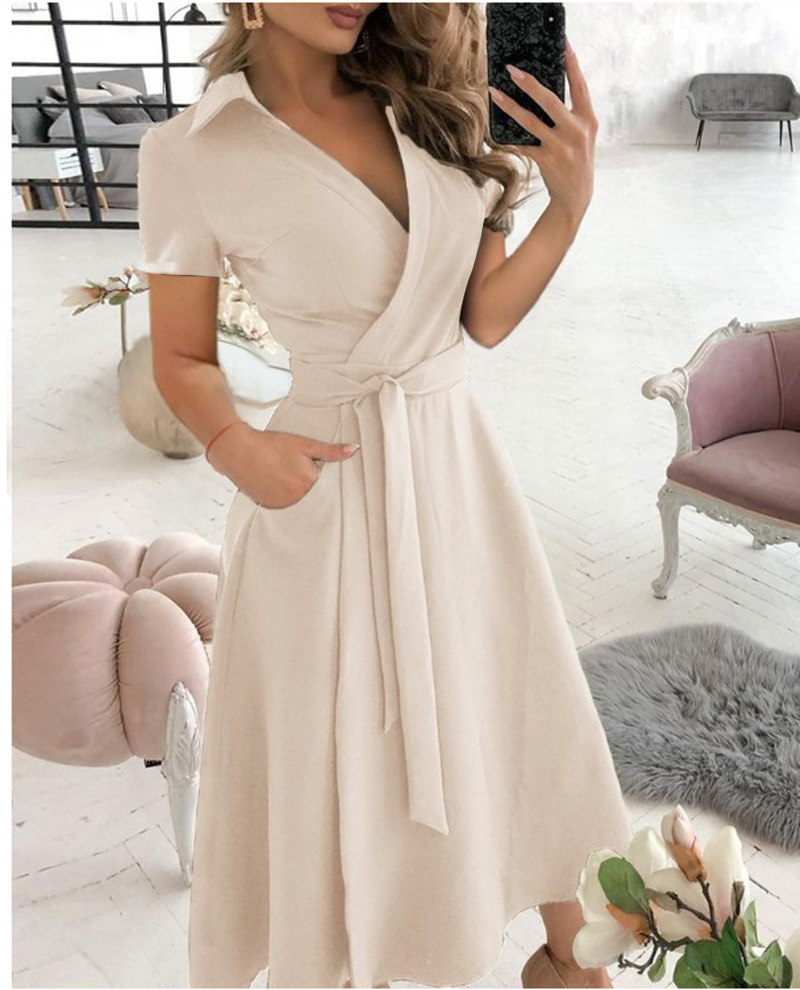 Wrap Dress Work - فستان نسائي قصير الأكمام بتصميم ملفوف