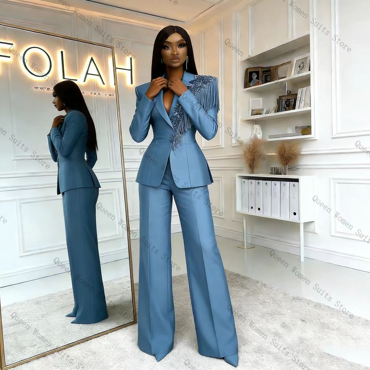 طقم بدلة نسائية زرقاء مزينة با - مراجعة Women Formal Wear Trousers وسعره