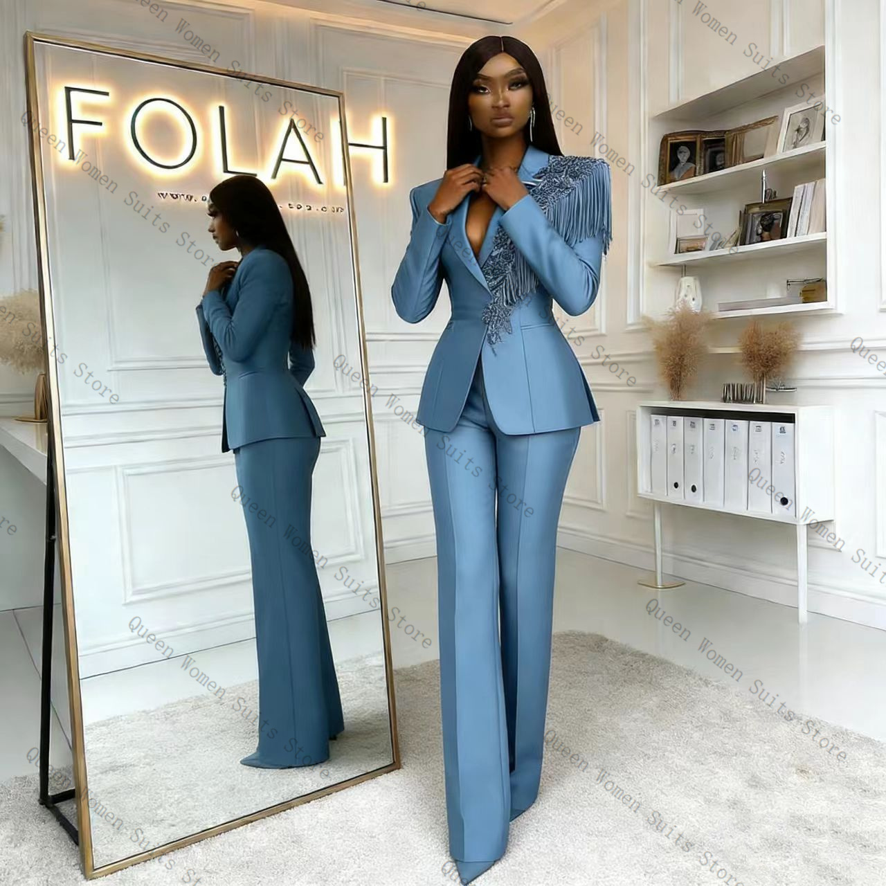 طقم بدلة نسائية زرقاء مزينة با - مراجعة Women Formal Wear Trousers وسعره